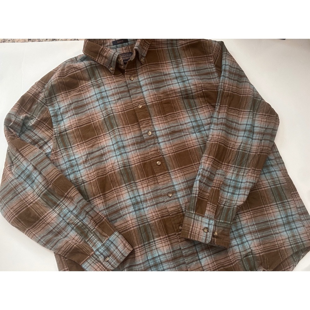 Pendleton Mason Mens XXL Brown Blue Plaid 100% Cotton‎ Flannel Button Down Shirt